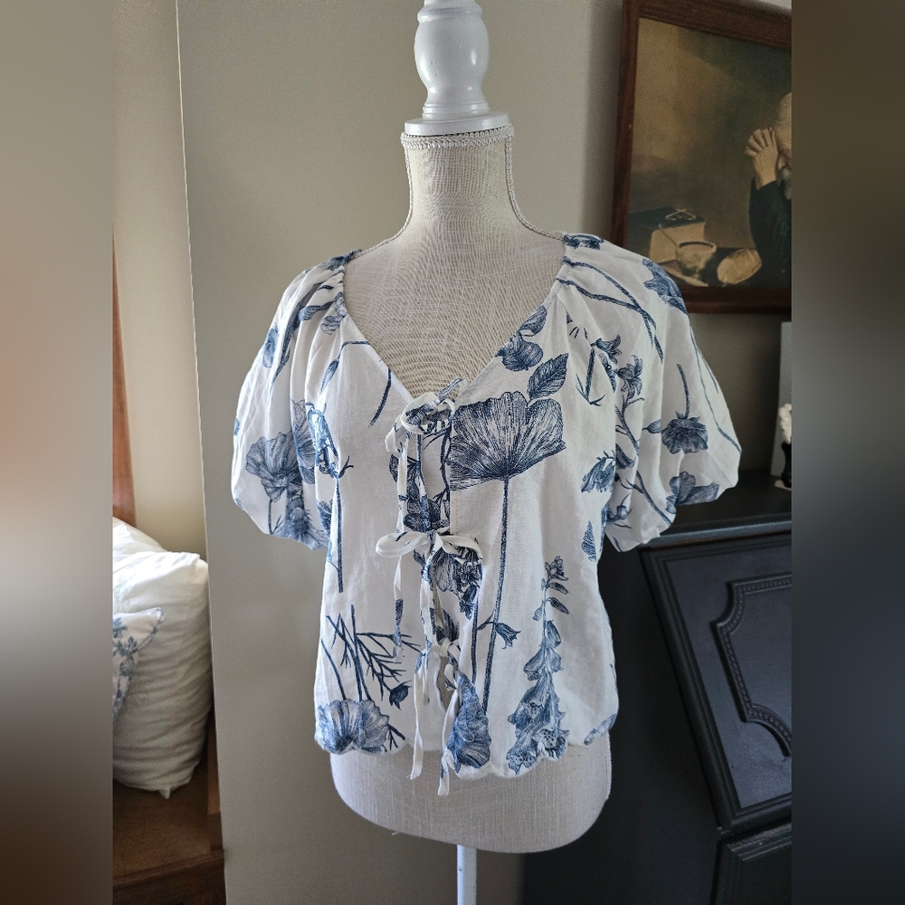 Rachel Zoe XS Blue White Puff Sleeve Tie Front Linen Blend Top New With Tags